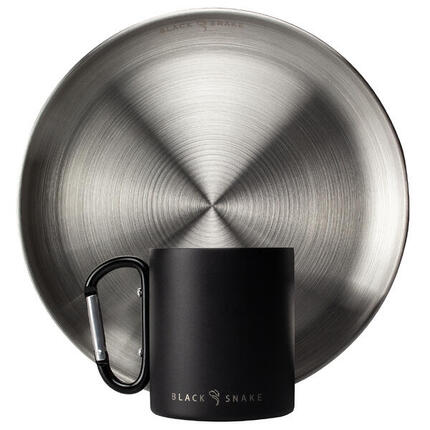 Camping Teller flach und Thermotasse Karabinerhaken Set | Edelstahl