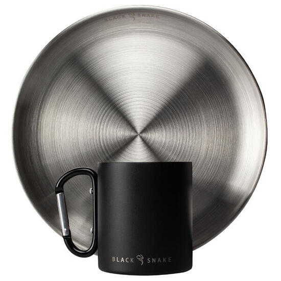Camping Teller flach und Thermotasse Karabinerhaken Set | Edelstahl