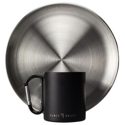 Camping Teller flach und Thermotasse Karabinerhaken Set | Edelstahl