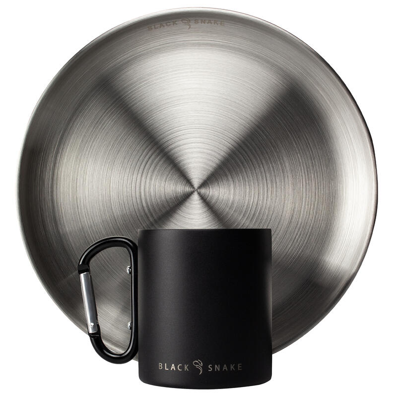 Plato llano y taza térmica con mosquetón de camping set | Acero Inoxidable