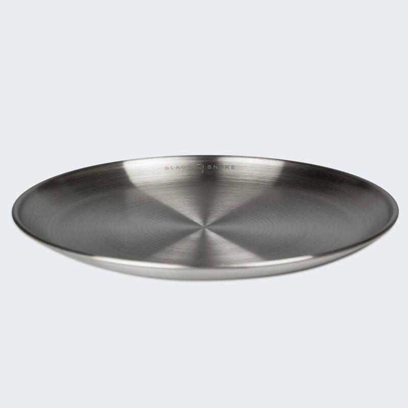 Batería de cocina camping, plato llano, cubiertos y taza térmica con mosquetón