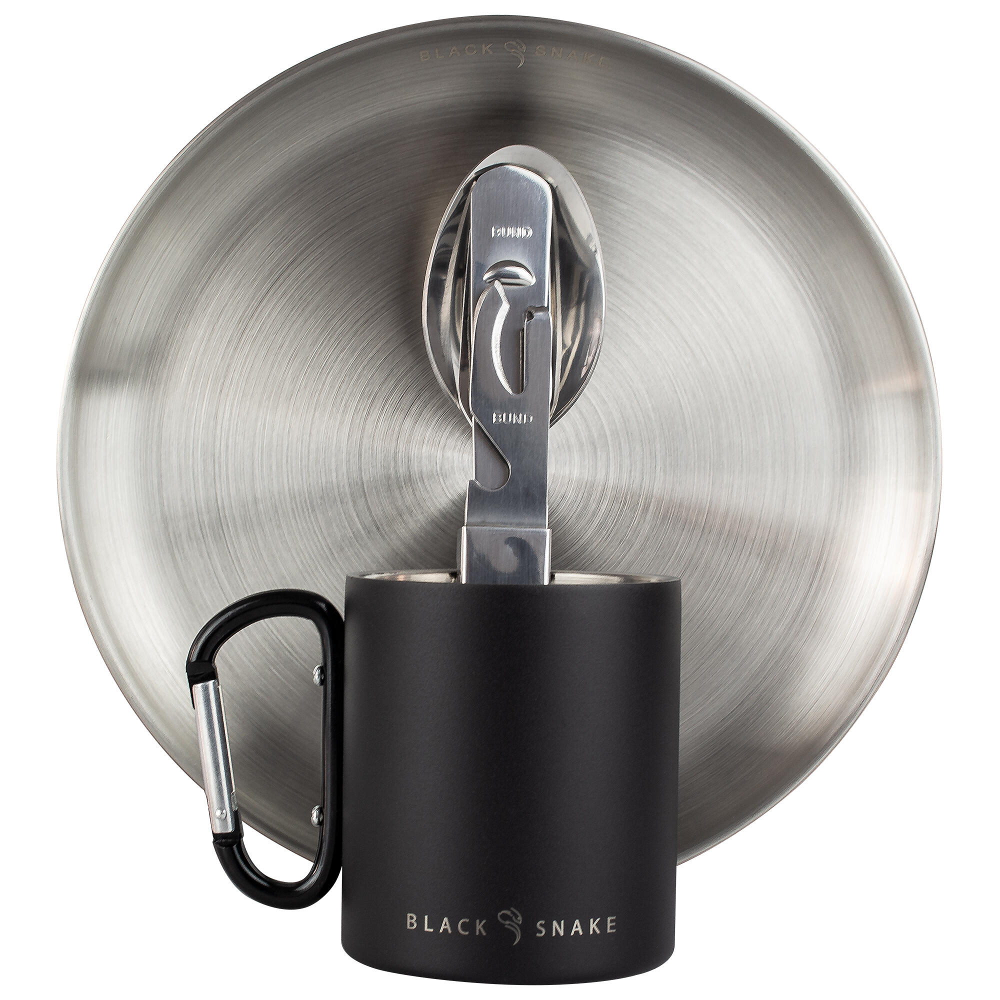 Camping Teller flach, Besteck und Thermotasse Karabinerhaken Set | Edelstahl 1/7