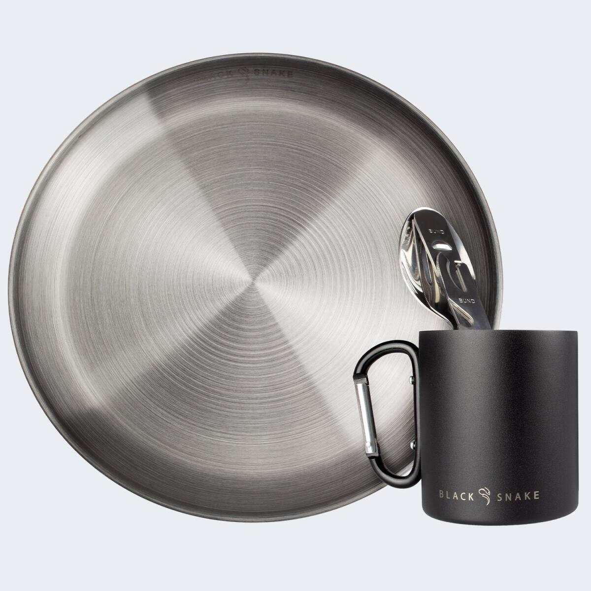 Camping Teller flach, Besteck und Thermotasse Karabinerhaken Set | Edelstahl 2/7