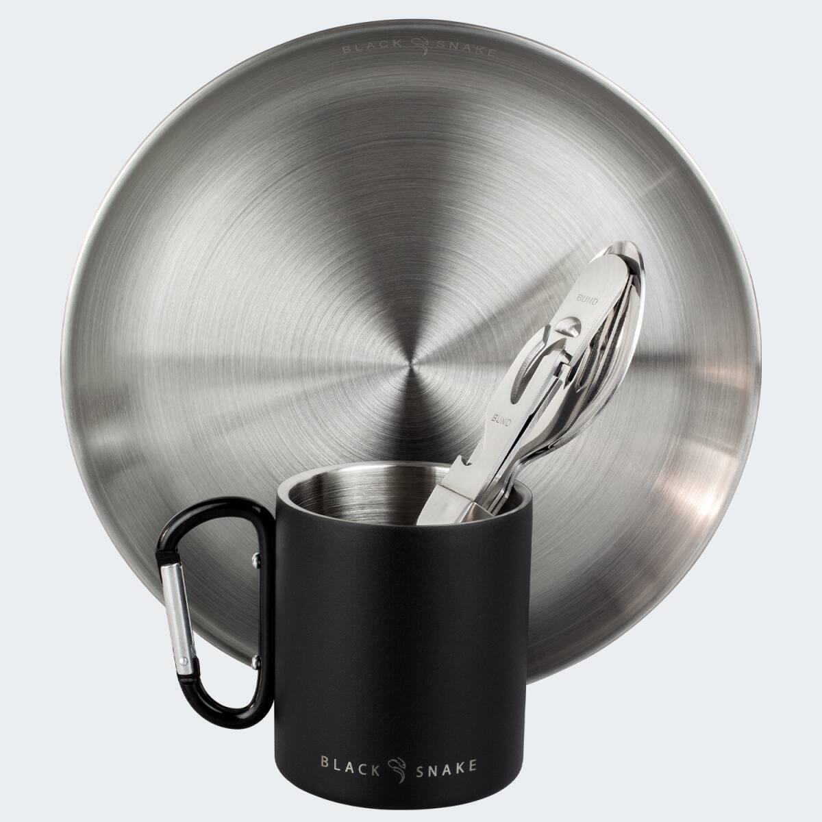 Camping Teller flach, Besteck und Thermotasse Karabinerhaken Set | Edelstahl 3/7