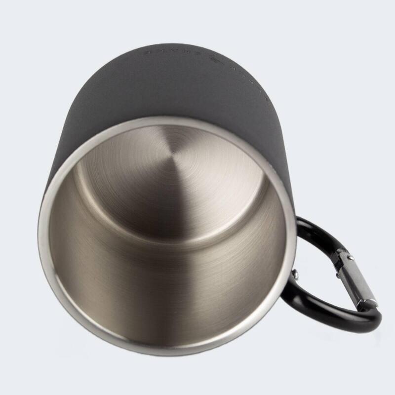 Batería de cocina camping, plato llano, cubiertos y taza térmica con mosquetón