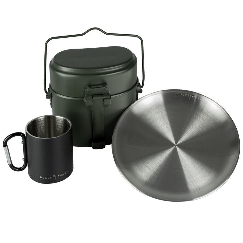 Batería de cocina de camping, plato llano y taza térmica con mosquetón set