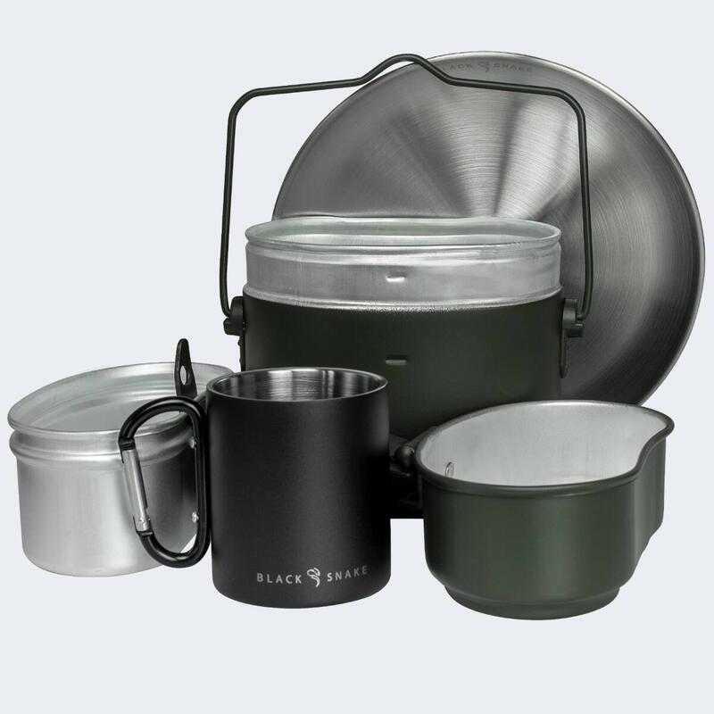 Batería de cocina de camping, plato llano y taza térmica con mosquetón set