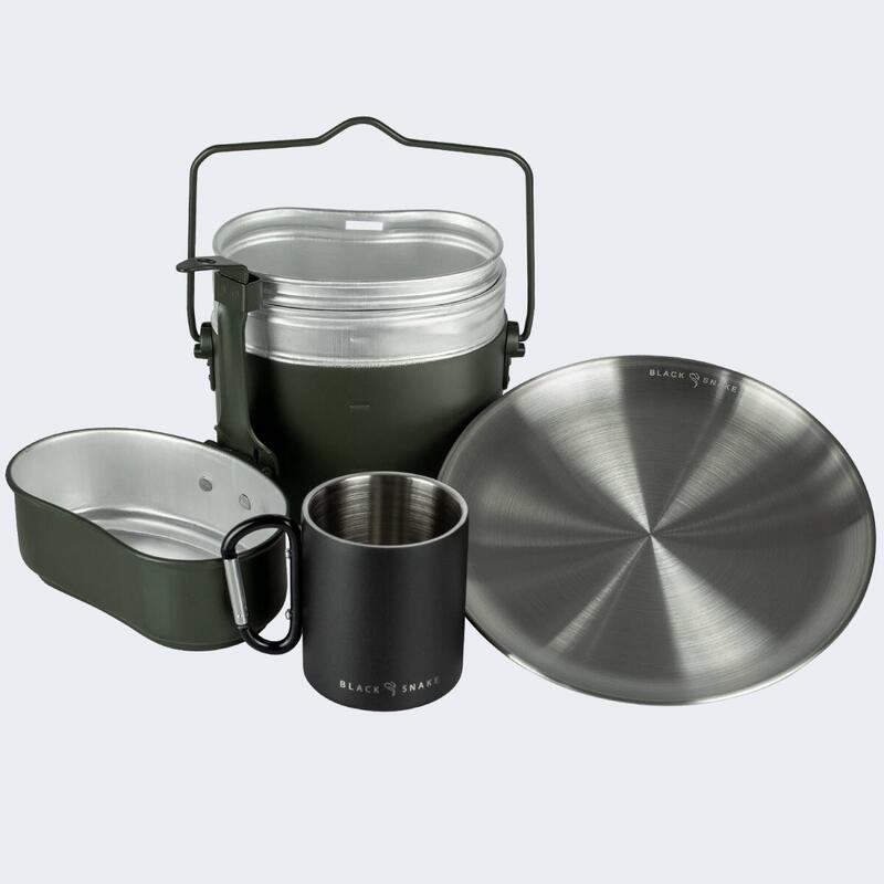 Batería de cocina de camping, plato llano y taza térmica con mosquetón set