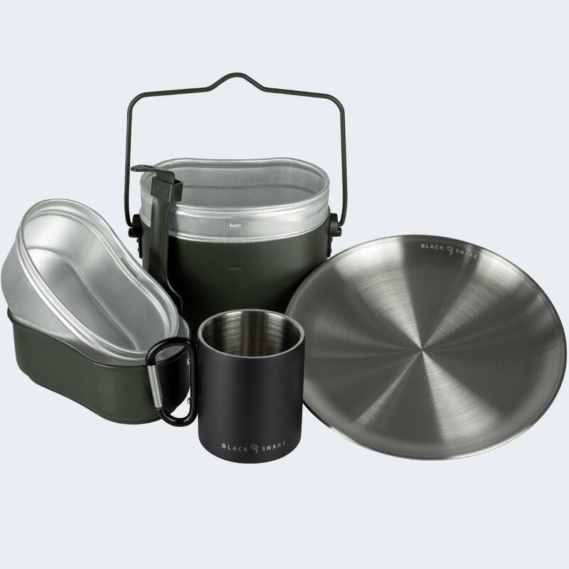 Camping Kochgeschirr, Teller flach und Thermotasse Karabinerhaken Set