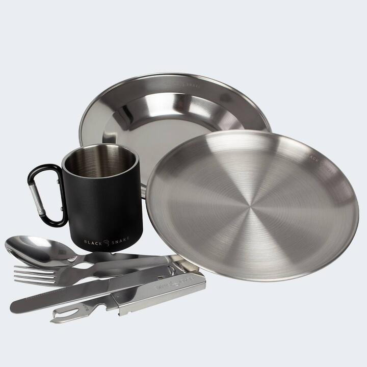 Camping assiette plate & creuse, couverts et tasse isotherme à mousqueton set BLACK SNAKE