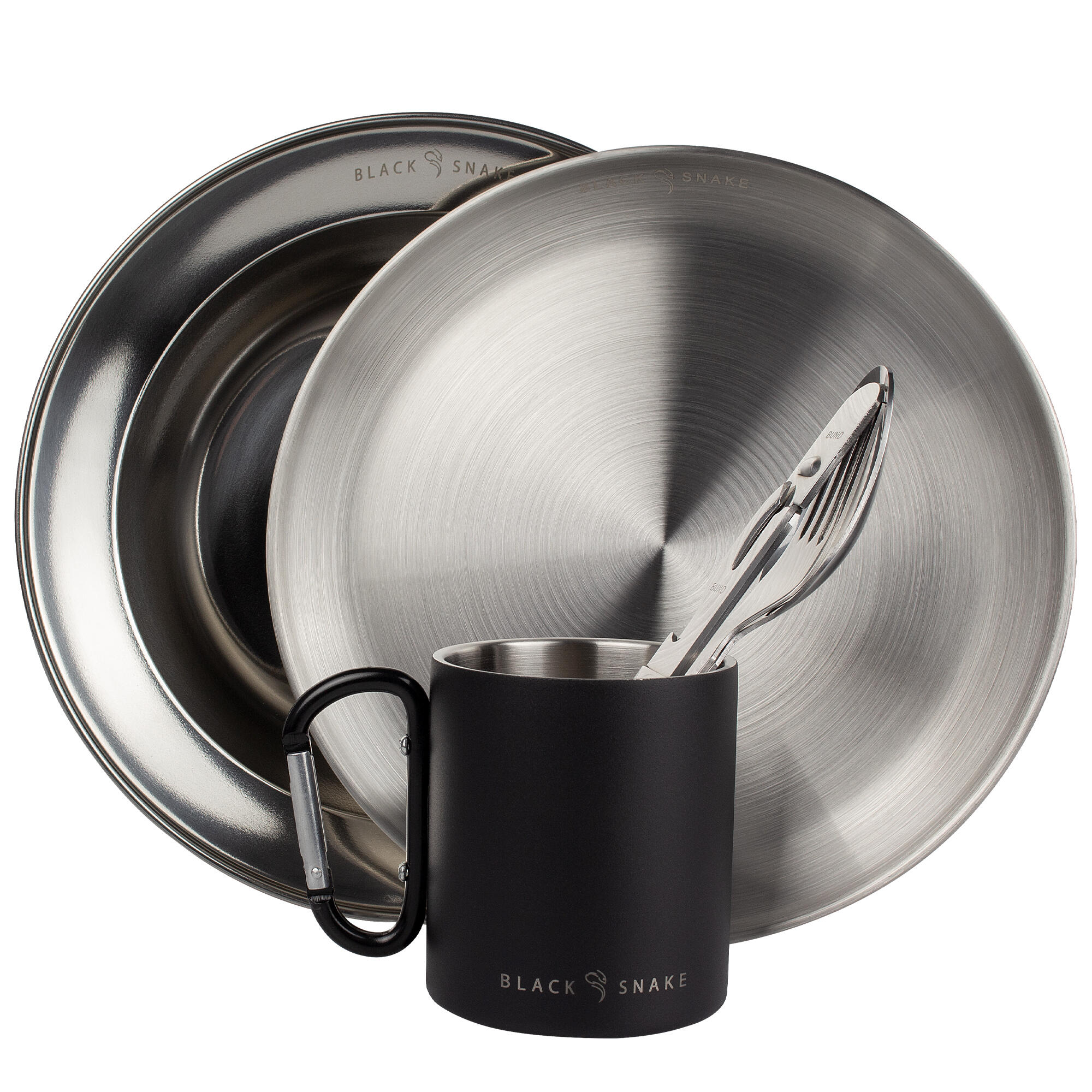 Black Snake Edelstahl Teller flach & tief Besteck Karabiner-Tasse - 1 Person Set 3/7