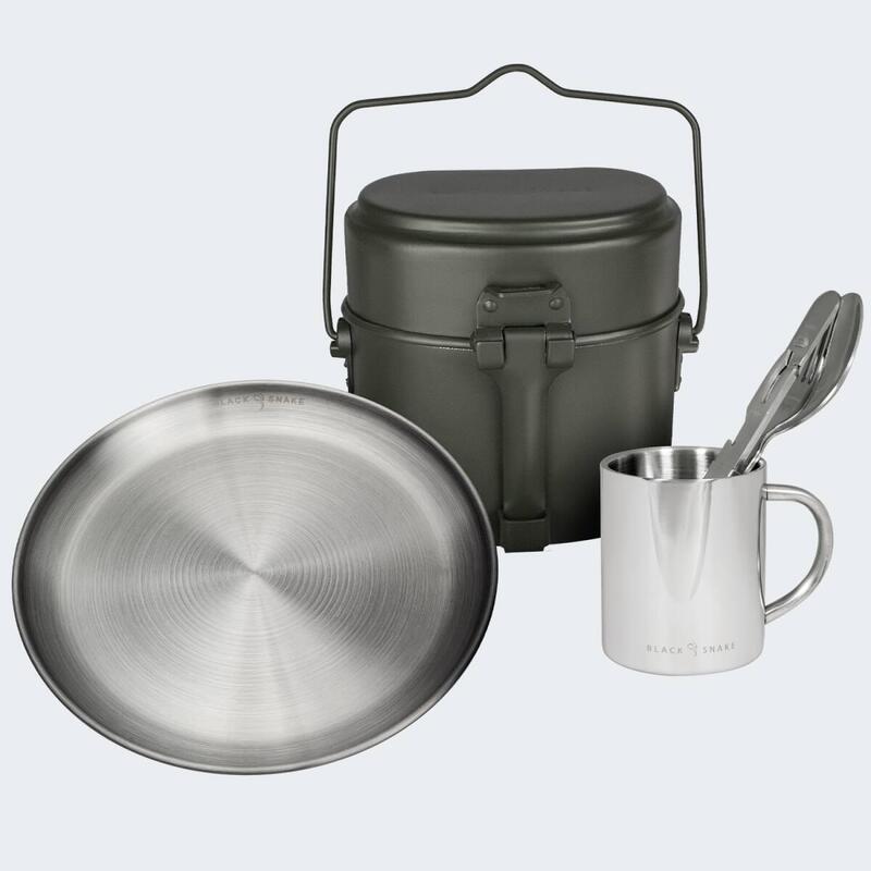 Kemping edények, lapos tányér, evőeszközök és termo bögre készlet