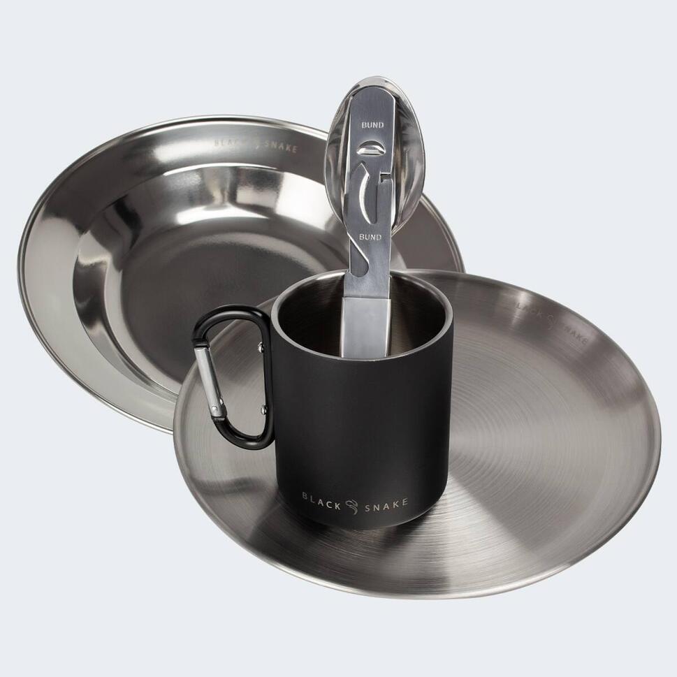 Camping assiette plate & creuse, couverts et tasse isotherme à mousqueton set BLACK SNAKE