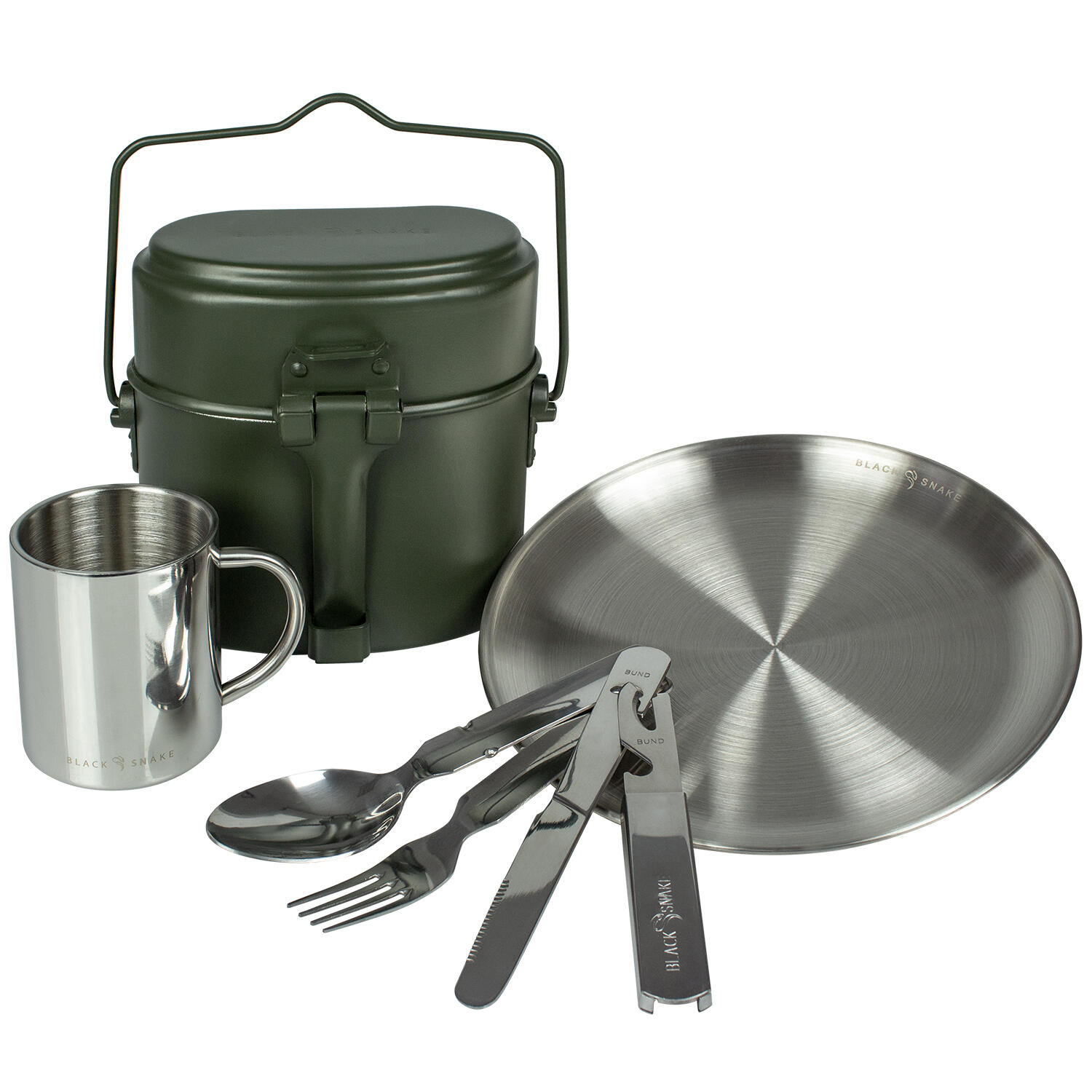 Utensílios de cozinha para campismo, prato raso, talheres e copo térmico