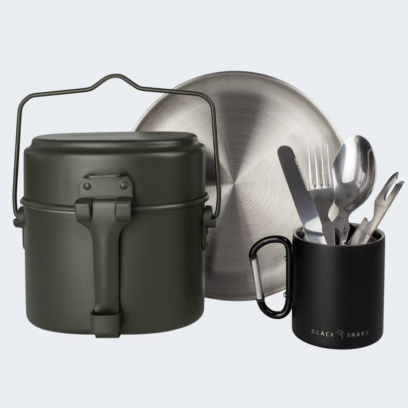 Batería de cocina camping, plato llano, cubiertos y taza térmica con mosquetón