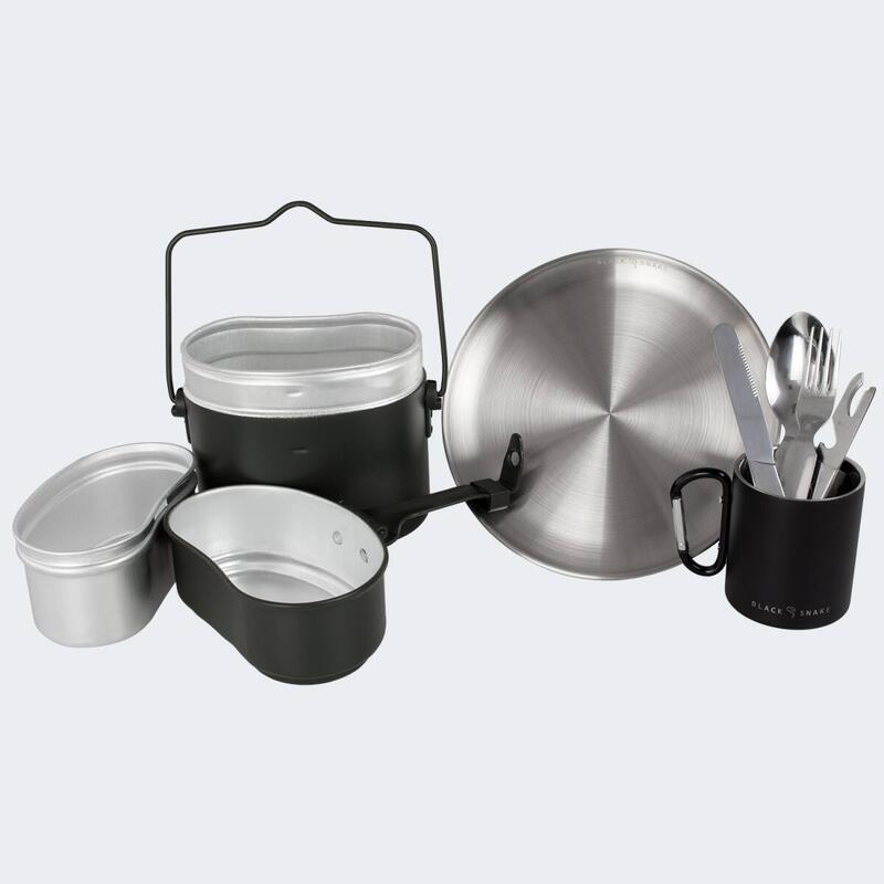 Tazza termica con moschettone e posate da campeggio set, Acciaio inox  BLACK SNAKE