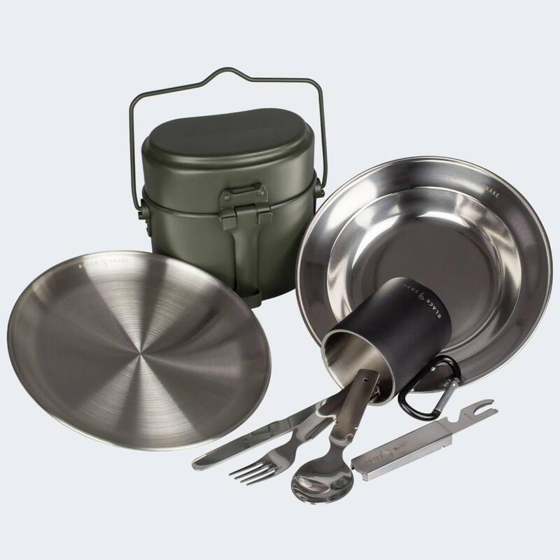 Batería de cocina de camping, plato llano y hondo, cubiertos y taza térmica set