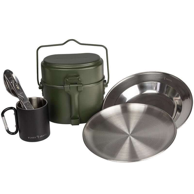 Kemping edények, lapos és mély tányérok, evőeszközök és termo bögre készlet