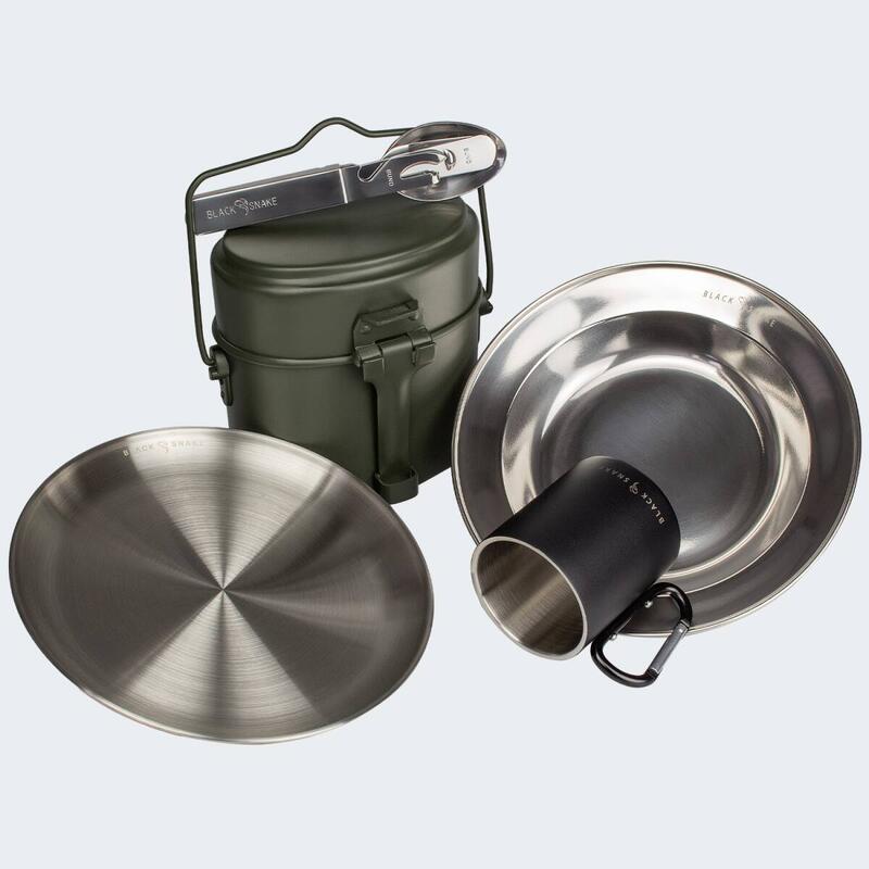 Batería de cocina de camping, plato llano y hondo, cubiertos y taza térmica set