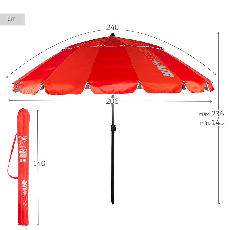 Guarda-chuva de praia corta-vento Ø206 cm vermelho c/mastro basculante Aktive