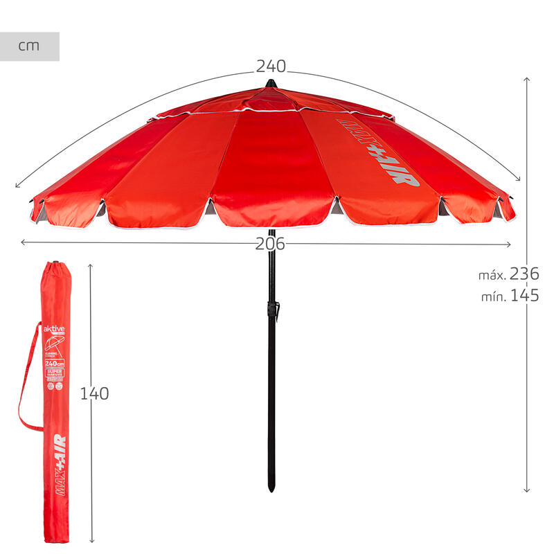 Parapluie de plage coupe-vent Ø206 cm rouge avec mât inclinable Aktive