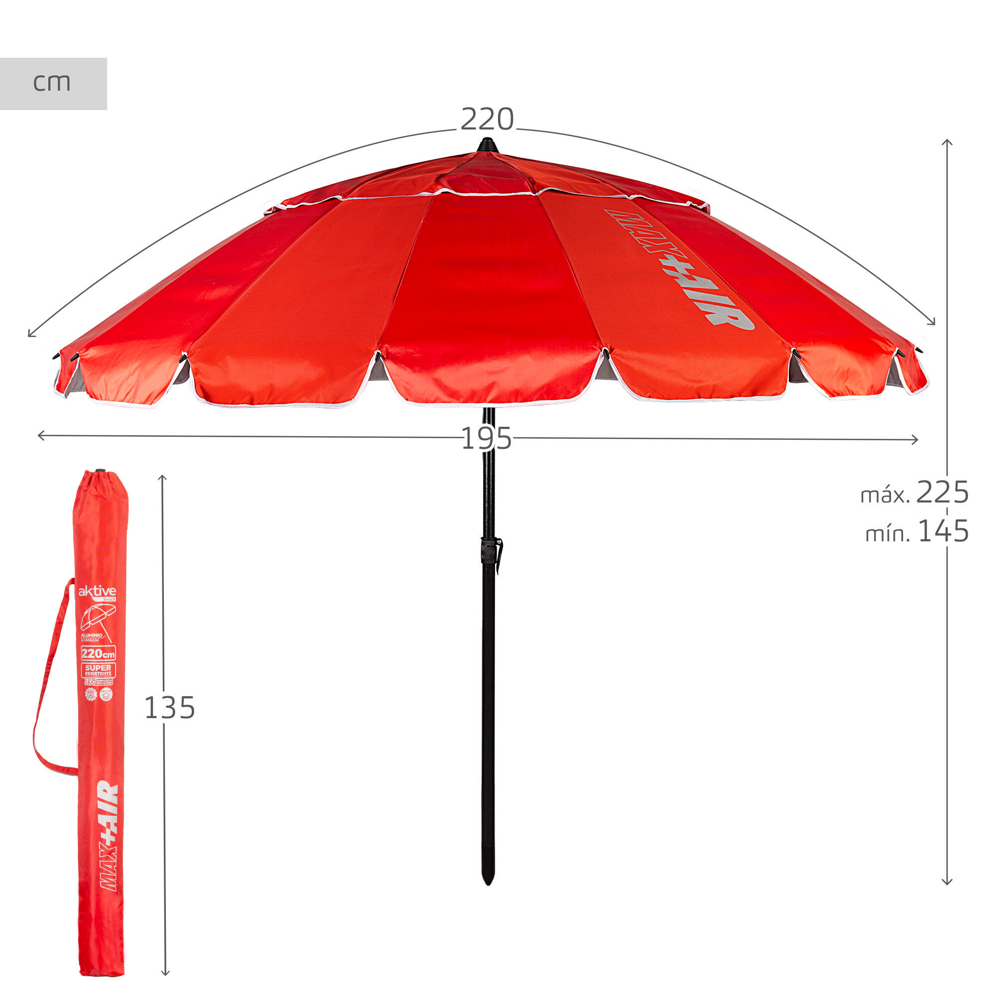 Parapluie de plage coupe-vent Ø195 cm rouge avec mât inclinable Aktive 3/6