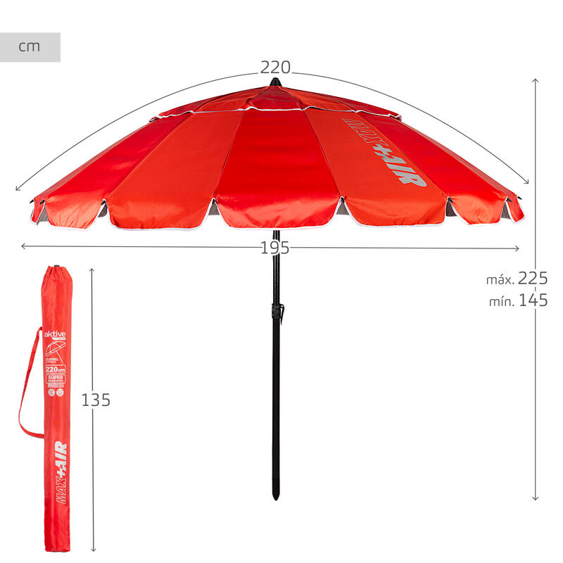 Parapluie de plage coupe-vent Ø195 cm rouge avec mât inclinable Aktive