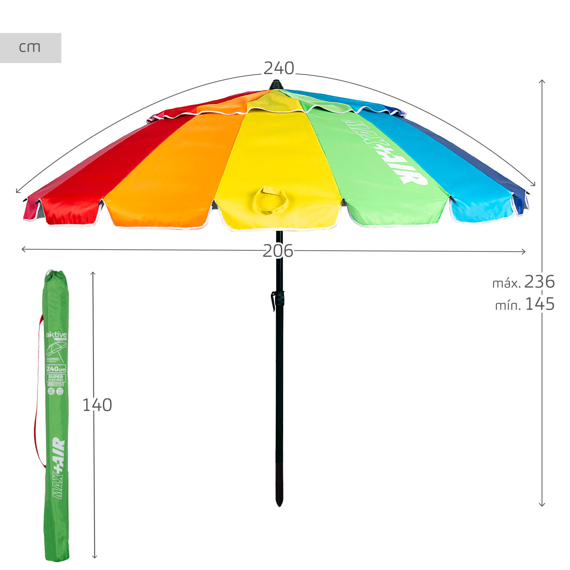 Aktive Windbestendige strandparasol, 16 baleinen, 240 cm, veelkleurig 3/6
