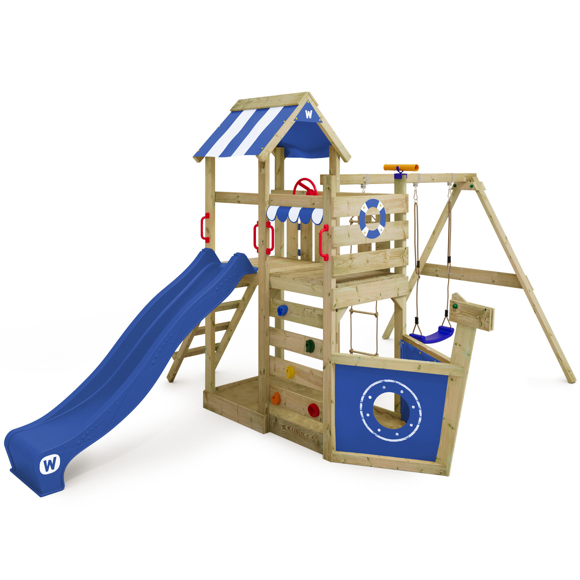 WICKEY SeaFlyer speeltoren met schommel & blauwe glijbaan