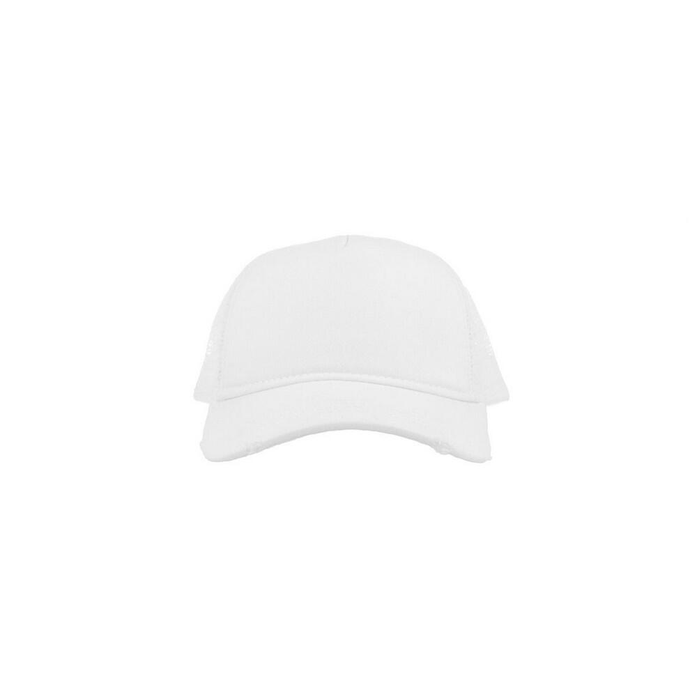 ATLANTIS Rapper Destroyed 5 Panel Weathered Trucker Cap (White/White)