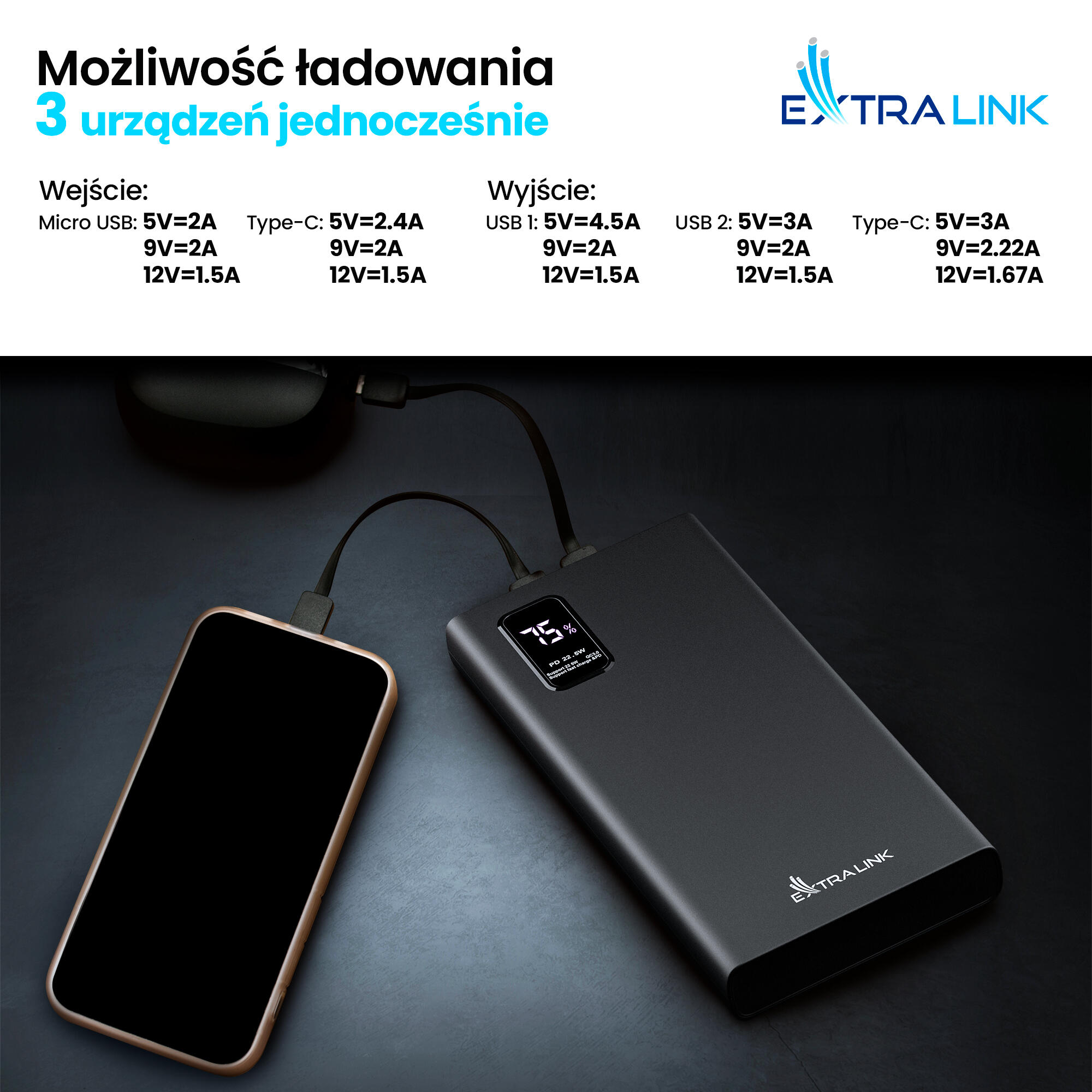 Powerbank Extralink EPB-067B 10000mAh 5/7