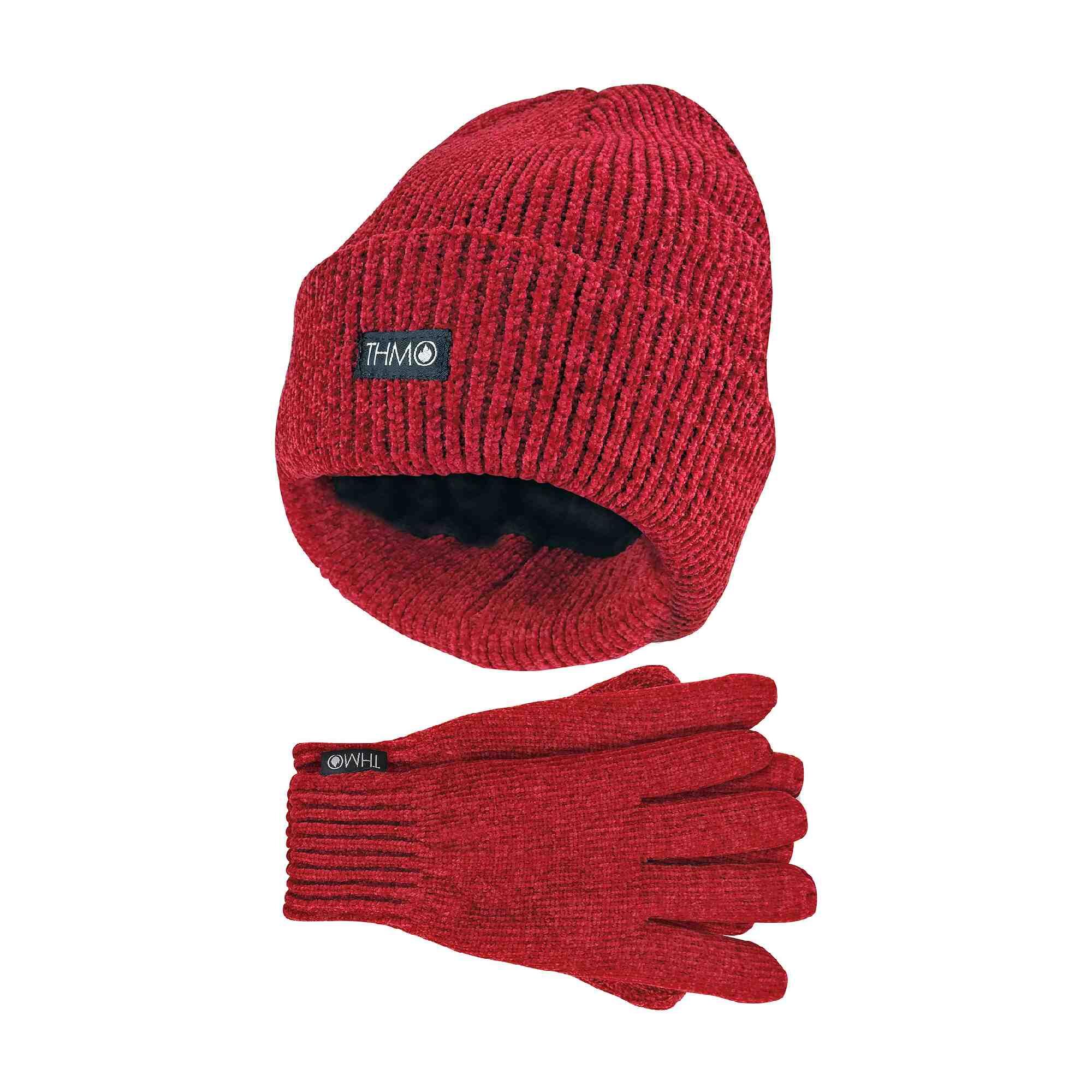 Ladies Thinsulate Soft Chenille Thermal Ribbed Beanie Hat & Gloves Set 1/6