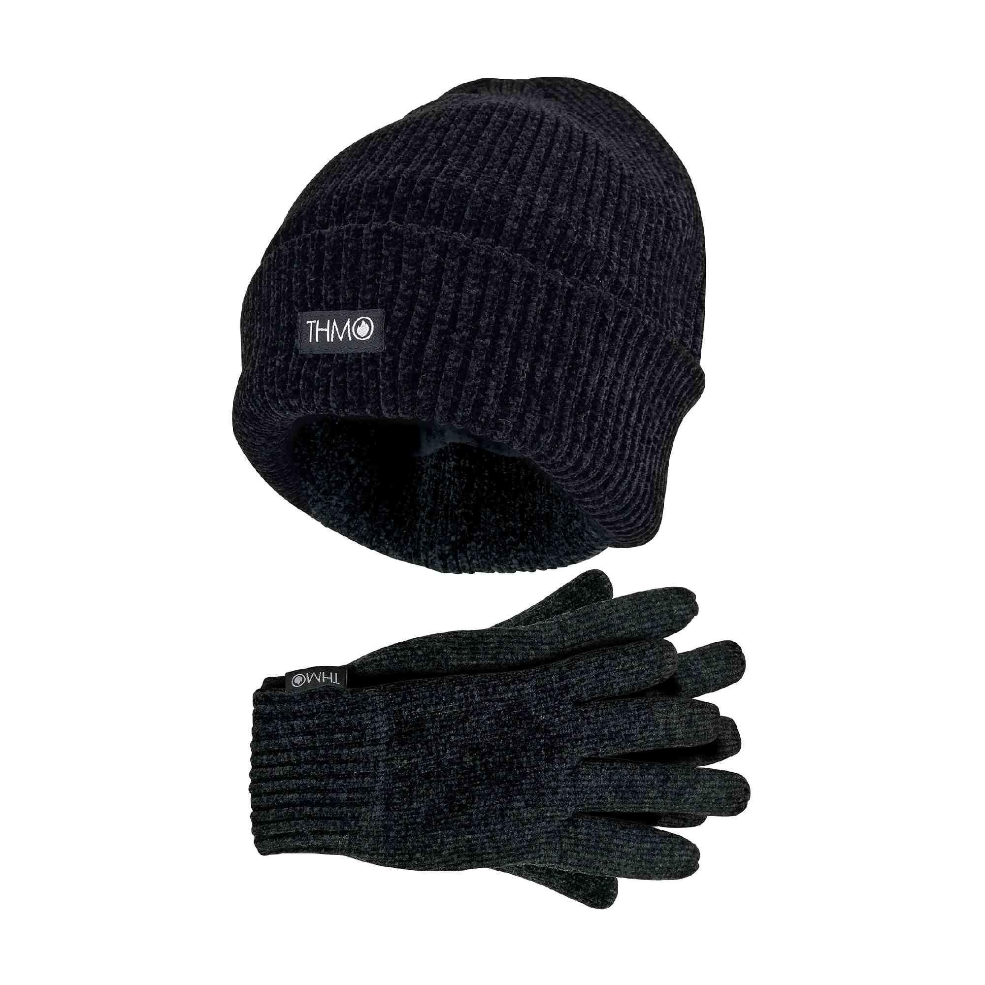 Ladies Thinsulate Soft Chenille Thermal Ribbed Beanie Hat & Gloves Set 1/6