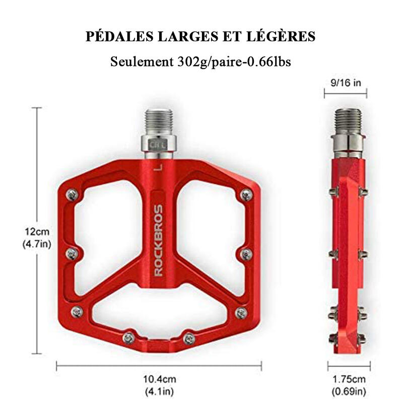 Pédale Vélo en Alliage Aluminium 8 Clous Antidérapants Rouge