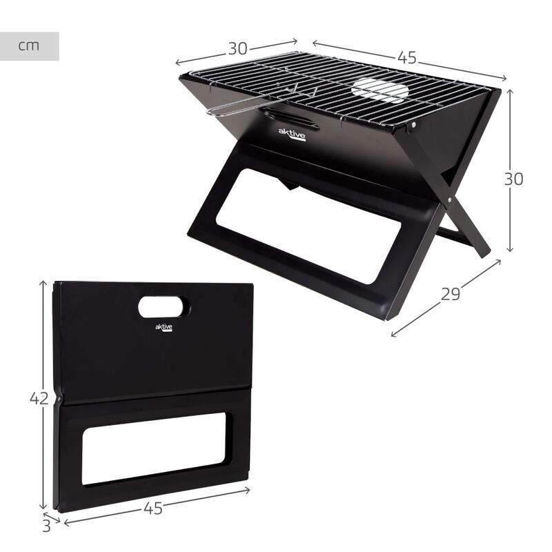 Barbacoa portátil plegable rectangular negra 45x29x30 cm Aktive