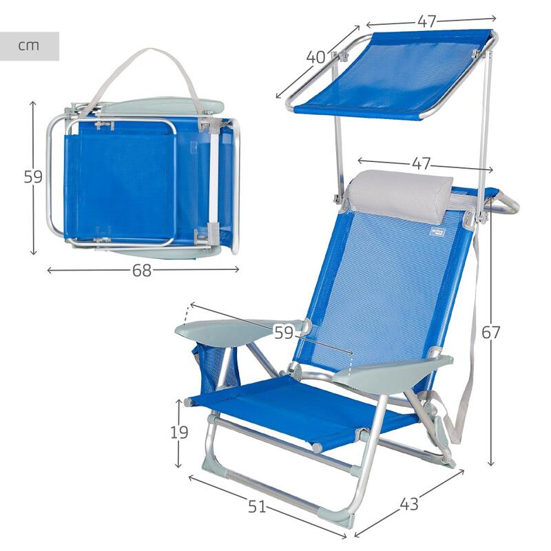 AKTIVE - Chaise Pliante avec Parasol. Chaise de Plage, Bleu