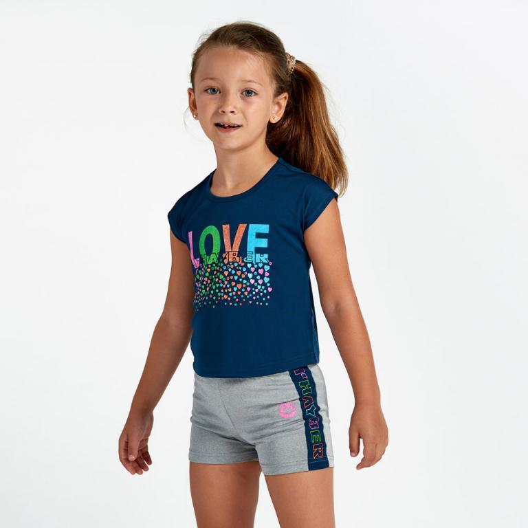 T-shirt + calções de ginástica 100% poliéster para criança love marinho