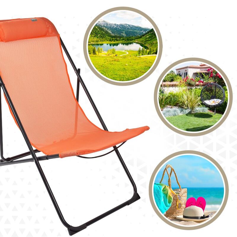 Silla tumbona plegable de jardín multiposición naranja con asa Aktive