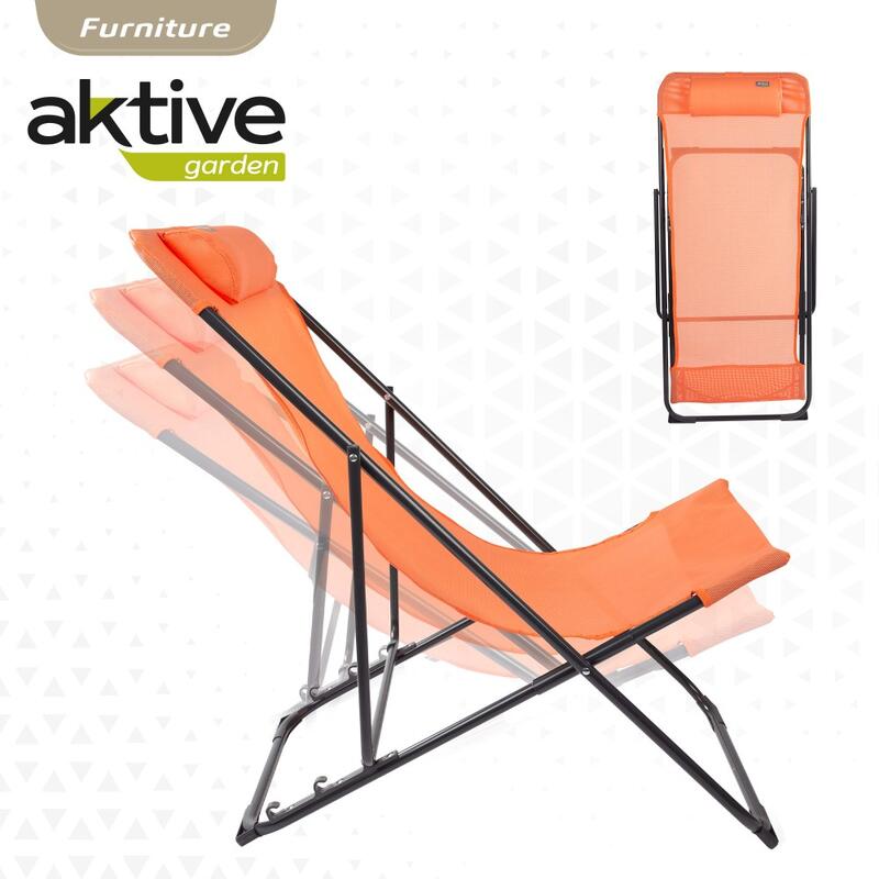 Silla tumbona plegable de jardín multiposición naranja con asa Aktive