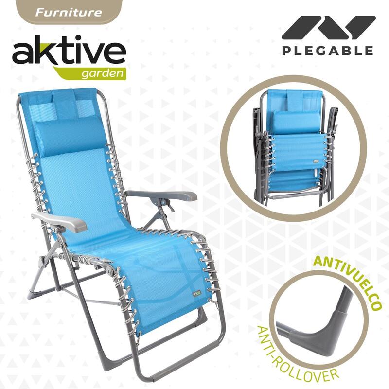 Chaise de jardin pliante à gravité zéro bleue avec coussin Aktive
