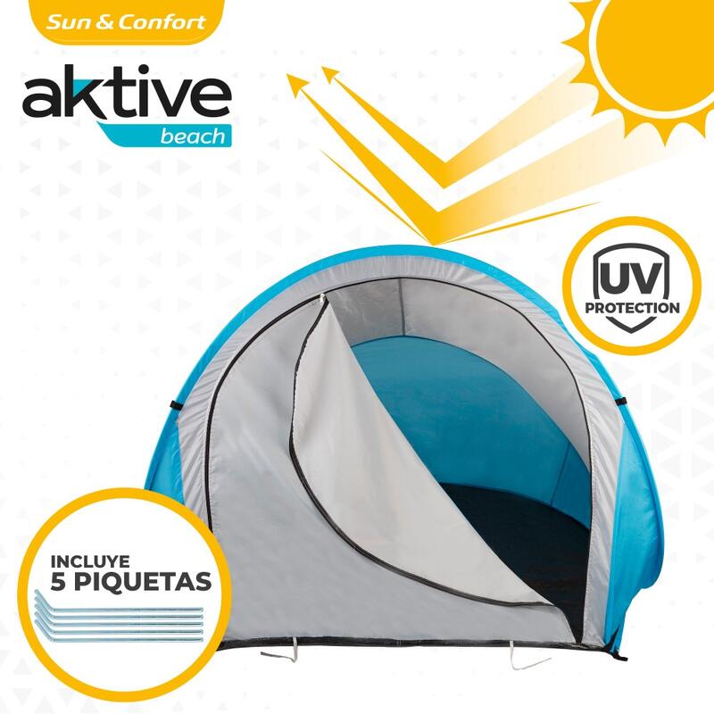 AKTIVE Tente Coupe-Vent Plage Pop Up Pliable, Protection UV, Bleu et Gris