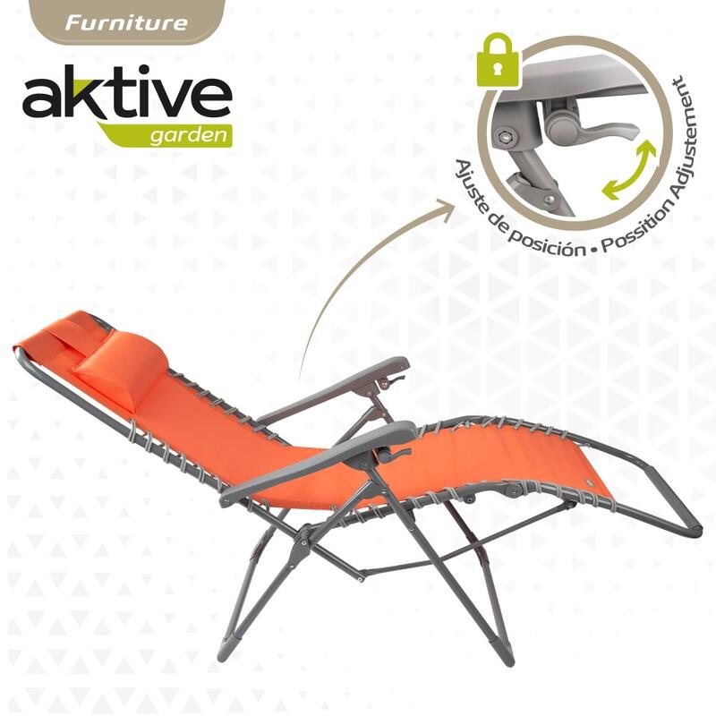 Chaise de jardin pliante orange à gravité zéro avec coussin Aktive