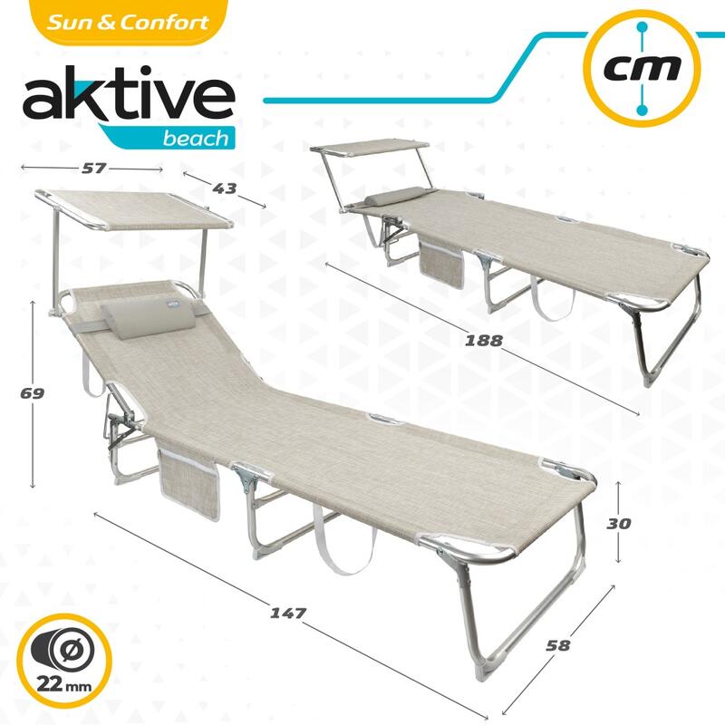 Espreguiçadeira dobrável Aktive Beach com guarda-sol e almofada