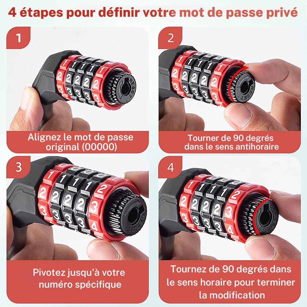 Câble Antivol vélo à Code 5 Chiffres Cadenas pliable Noir 120cm/180cm 2/7