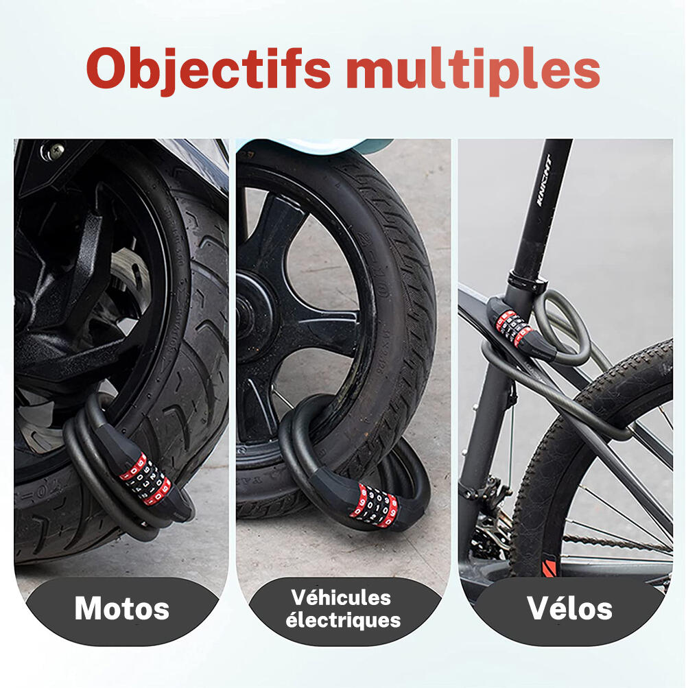 Câble Antivol vélo à Code 5 Chiffres Cadenas pliable Noir 120cm/180cm 6/7