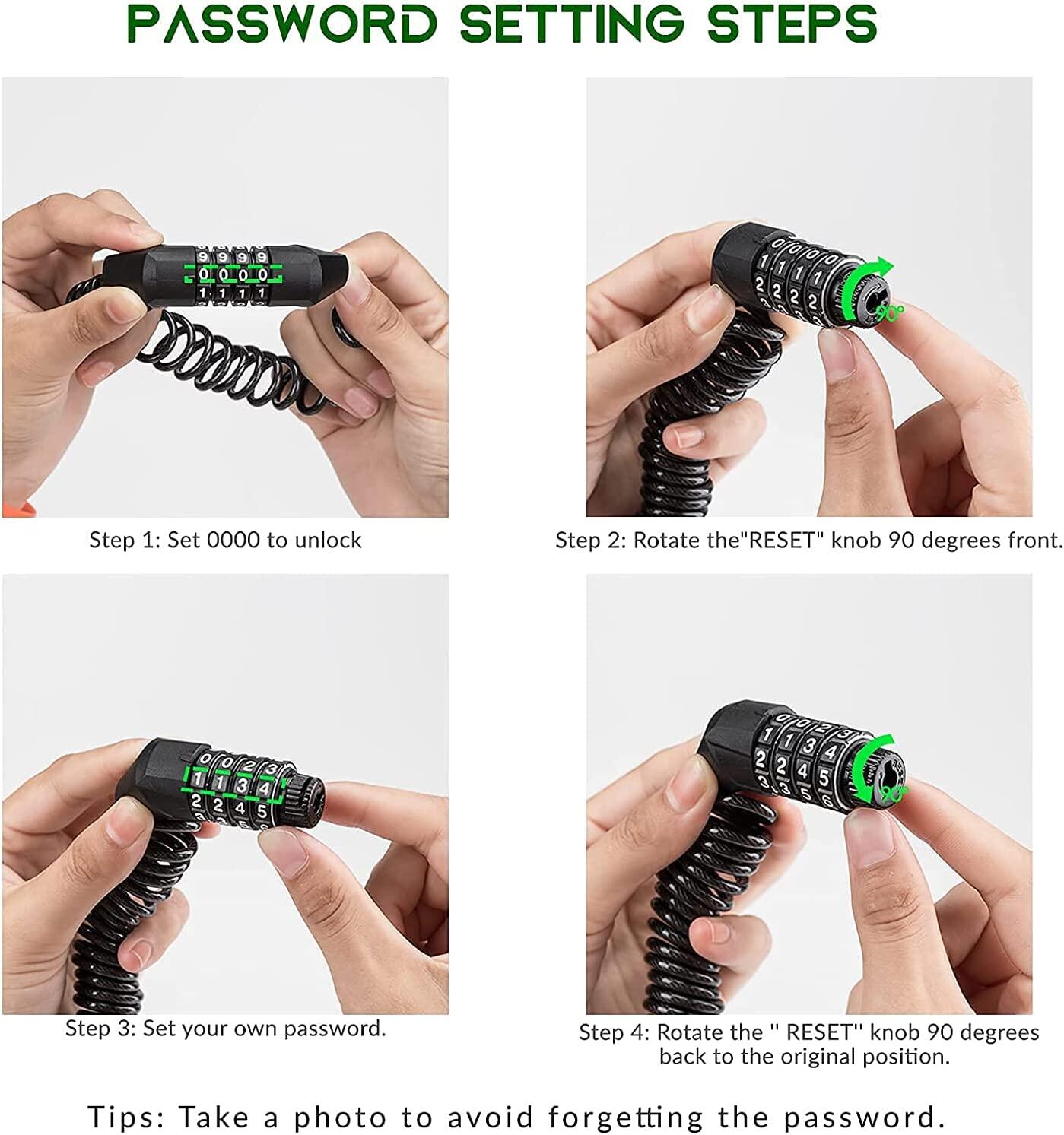 Câble Antivol Casque Vélo Cadenas à combinaison à 4 chiffres Noir 1,5m 3/7