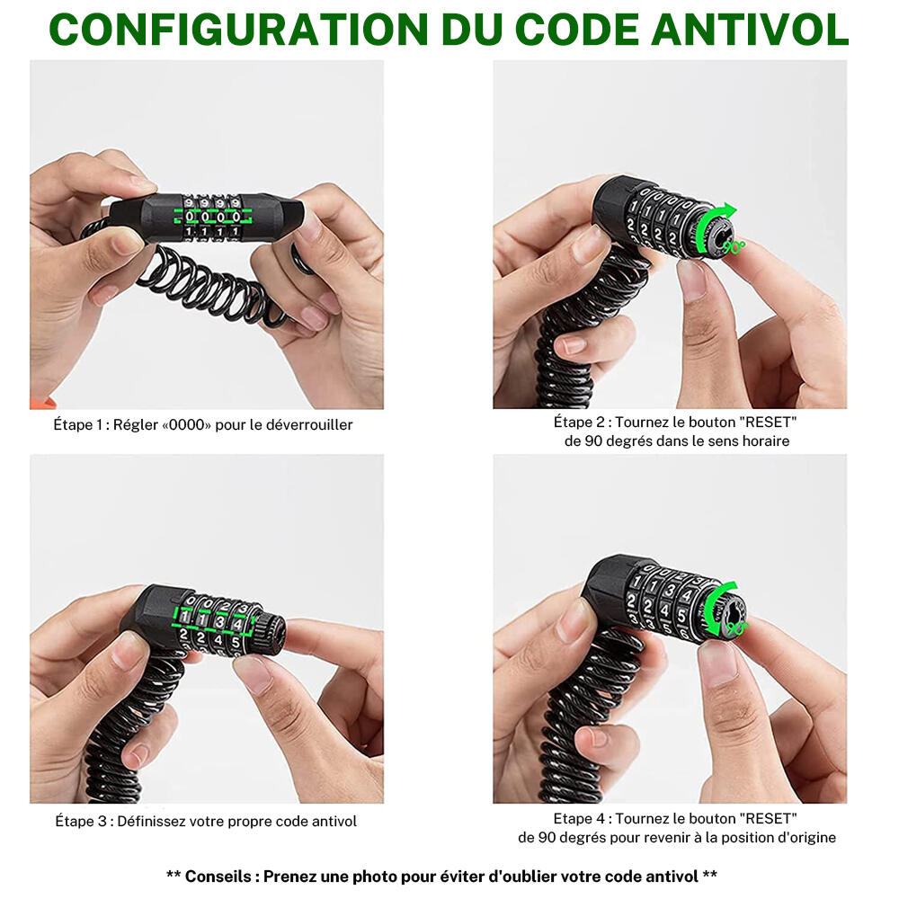 Câble Antivol Casque Vélo Cadenas à combinaison à 4 chiffres Noir 1,5m 2/7