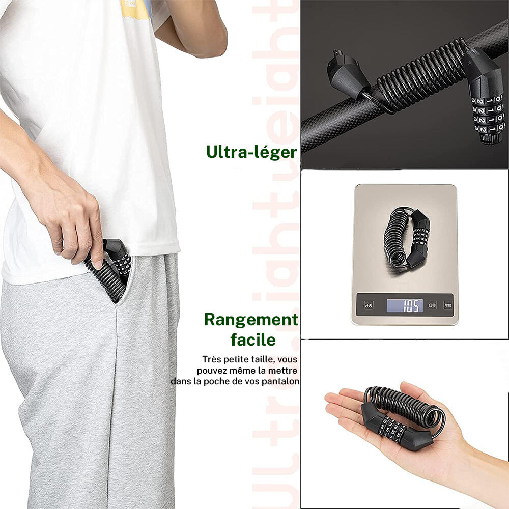 Câble Antivol Casque Vélo Cadenas à combinaison à 4 chiffres Noir 1,5m 6/7
