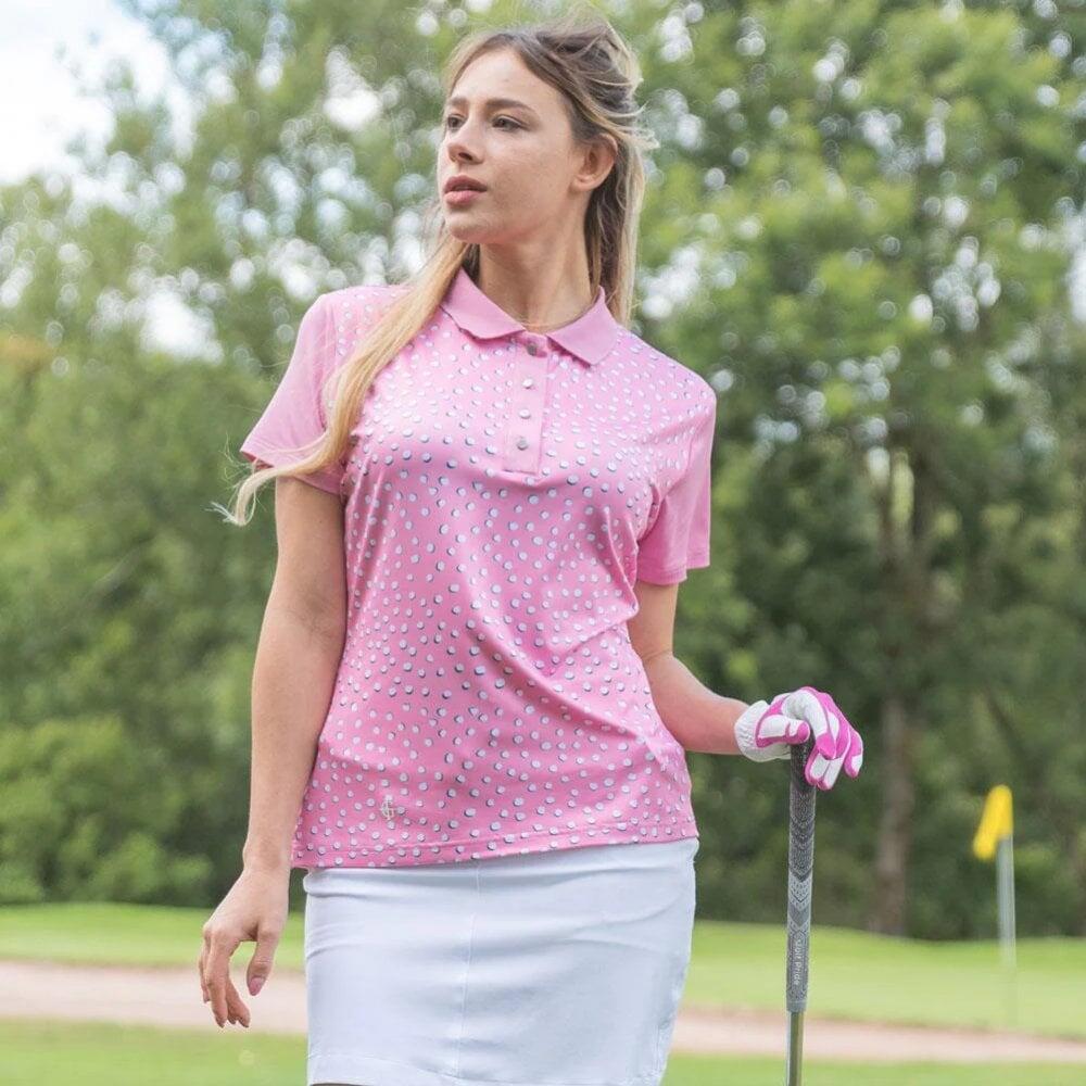 ISLAND GREEN LADIES ALL OVER PRINT POLO PINK/WHITE 3/4