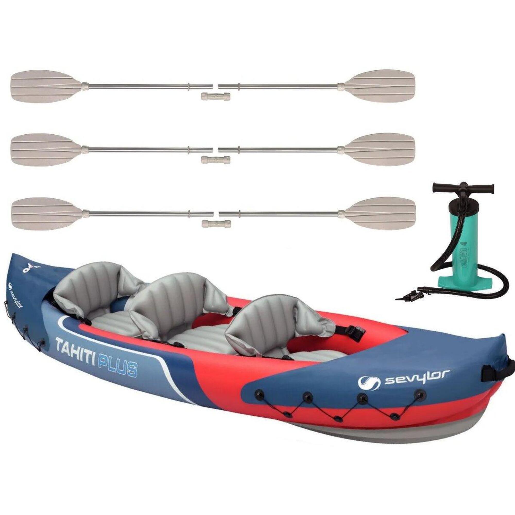 Tahiti Plus 3 person Inflatable kayak kit with 3 Paddles and Pump - Blue / Red 1/7